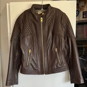 Michael Kors Brown Leather Jacket with Quilted Design
